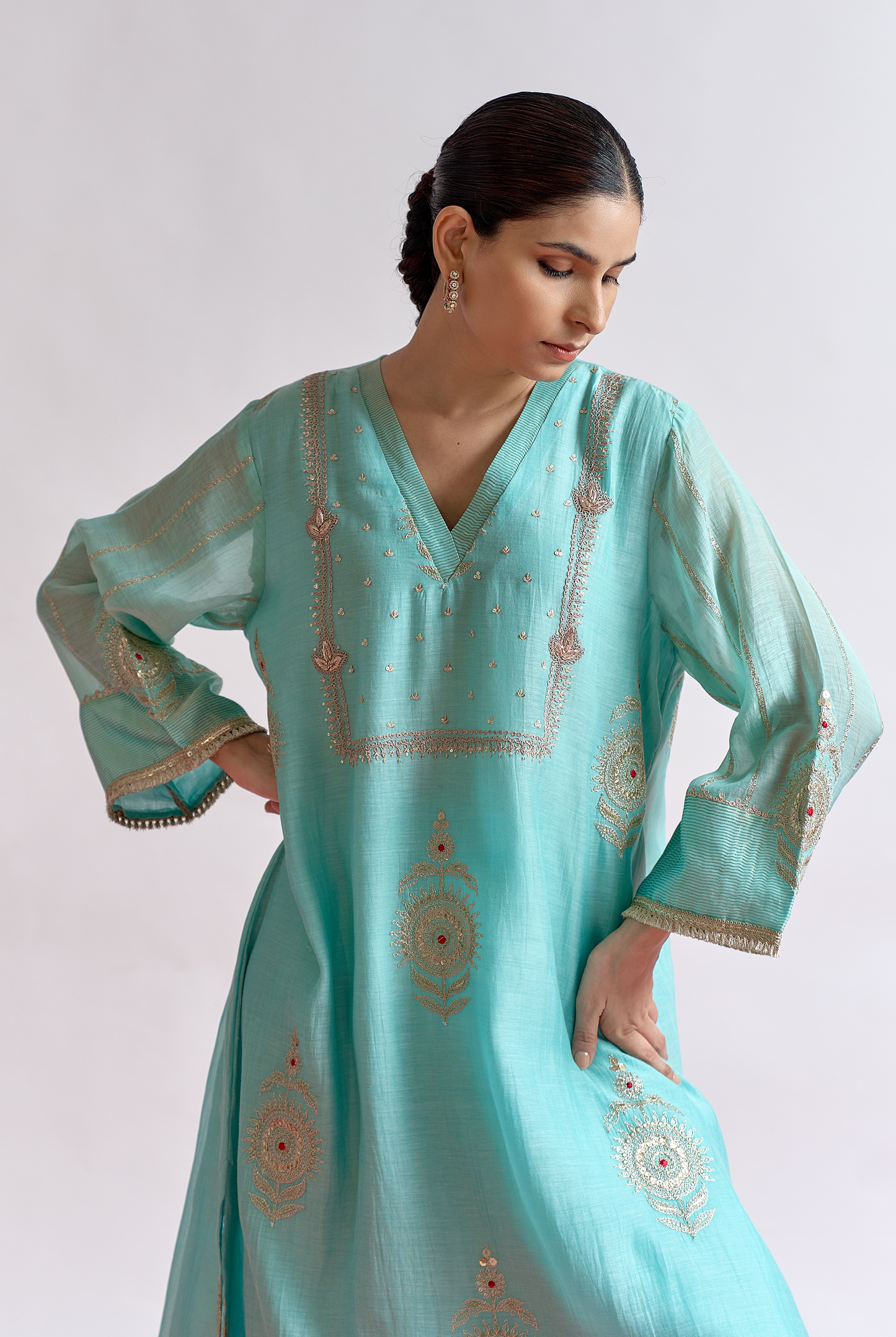 Sky Blue Mul Chanderi Kurta Set with Dori & Dabka Embroidery