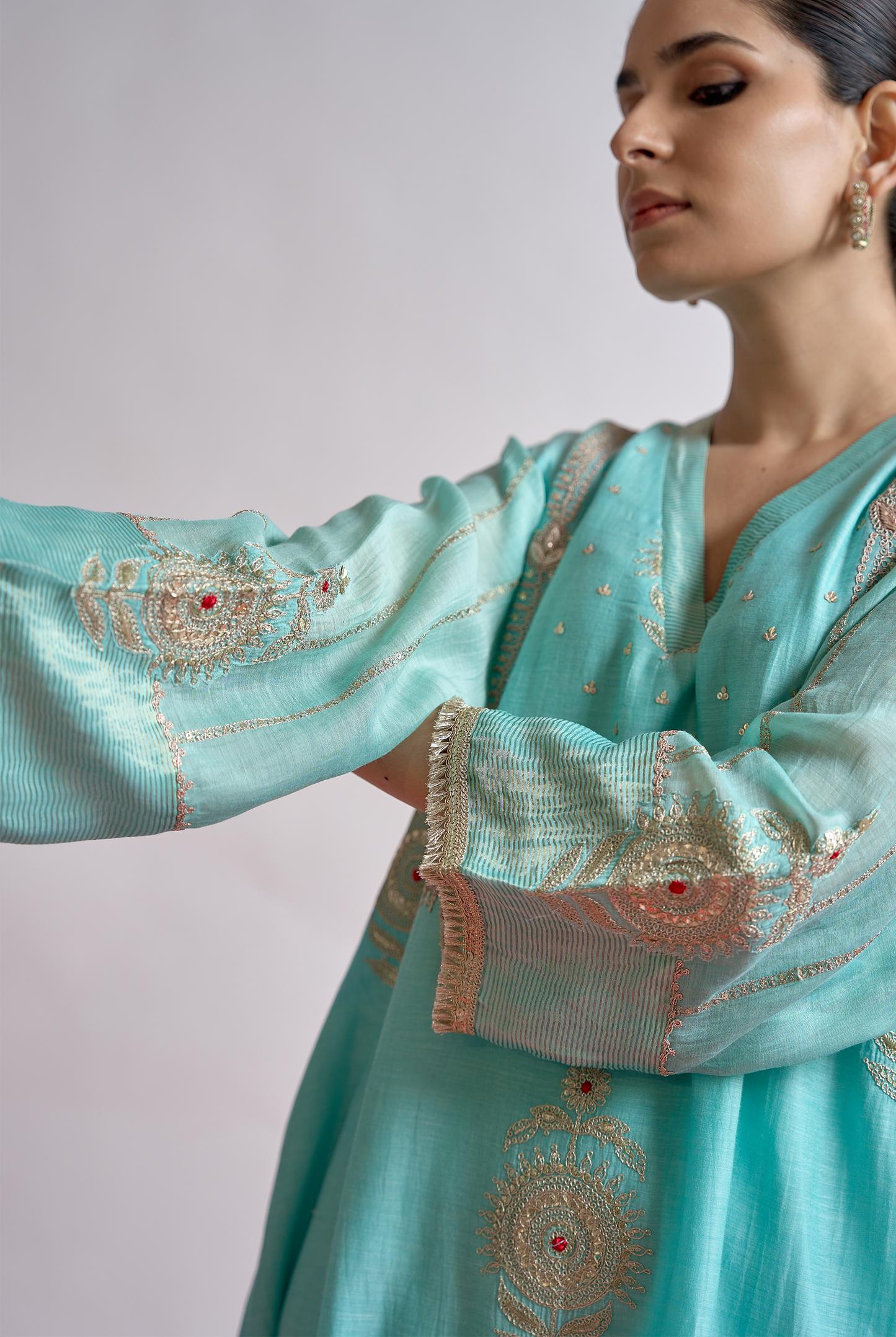 Sky Blue Mul Chanderi Kurta Set with Dori & Dabka Embroidery