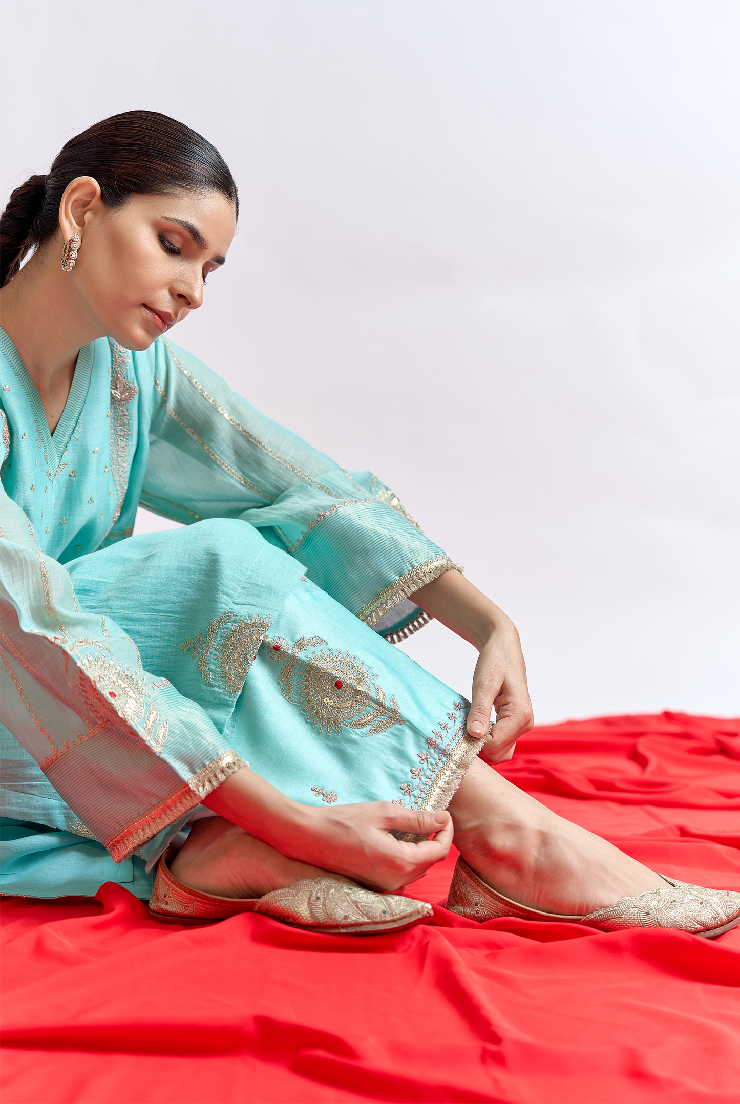 Sky Blue Mul Chanderi Kurta Set with Dori & Dabka Embroidery