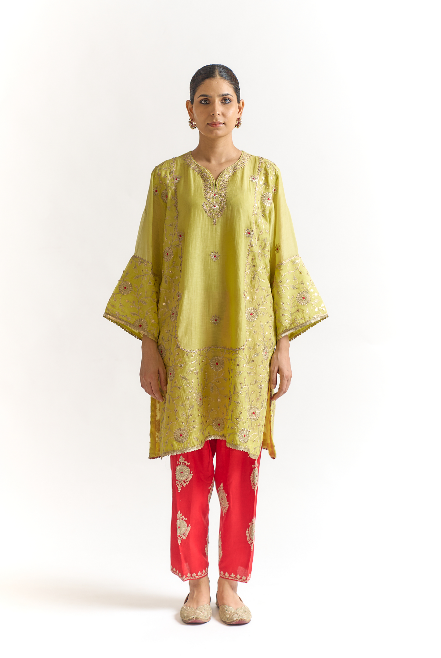 Lemon Green & Coral Mul Chanderi Kurta Set with Dori & Dabka Embroidery