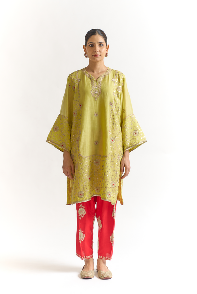 Lemon Green & Coral Mul Chanderi Kurta Set with Dori & Dabka Embroidery