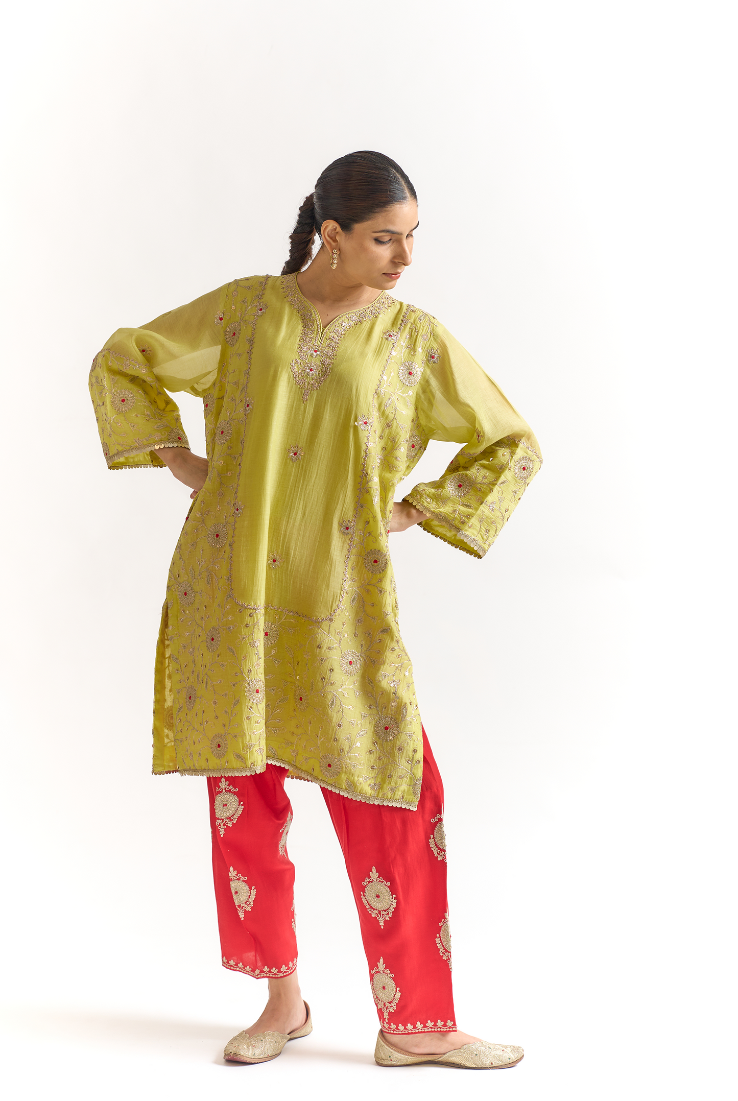 Lemon Green & Coral Mul Chanderi Kurta Set with Dori & Dabka Embroidery