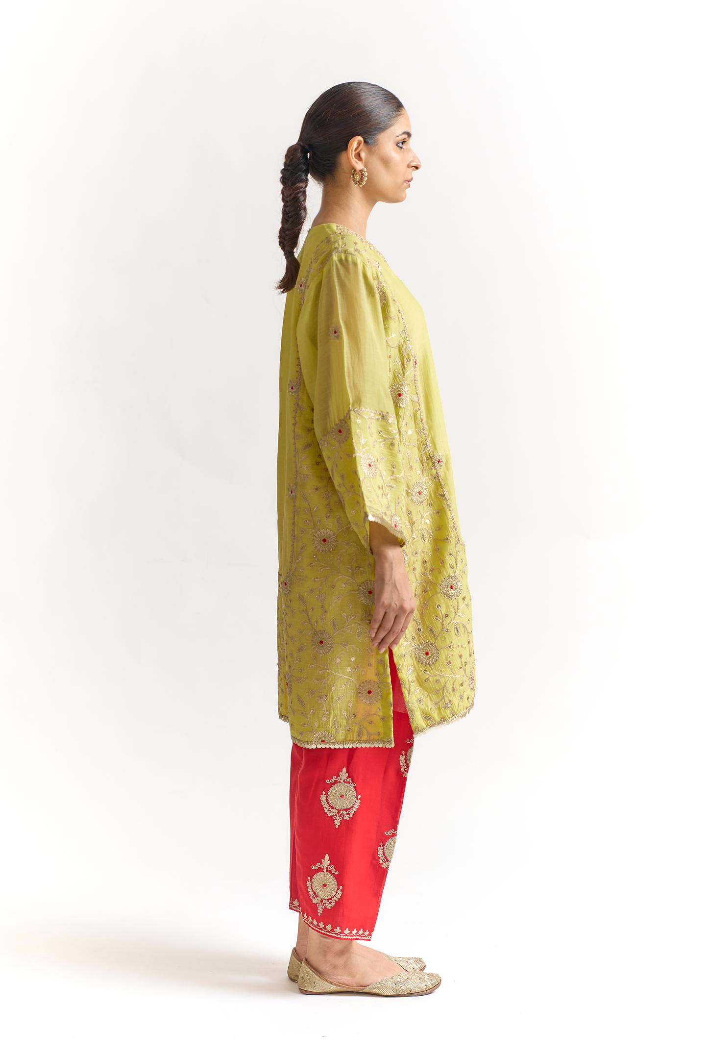 Lemon Green & Coral Mul Chanderi Kurta Set with Dori & Dabka Embroidery