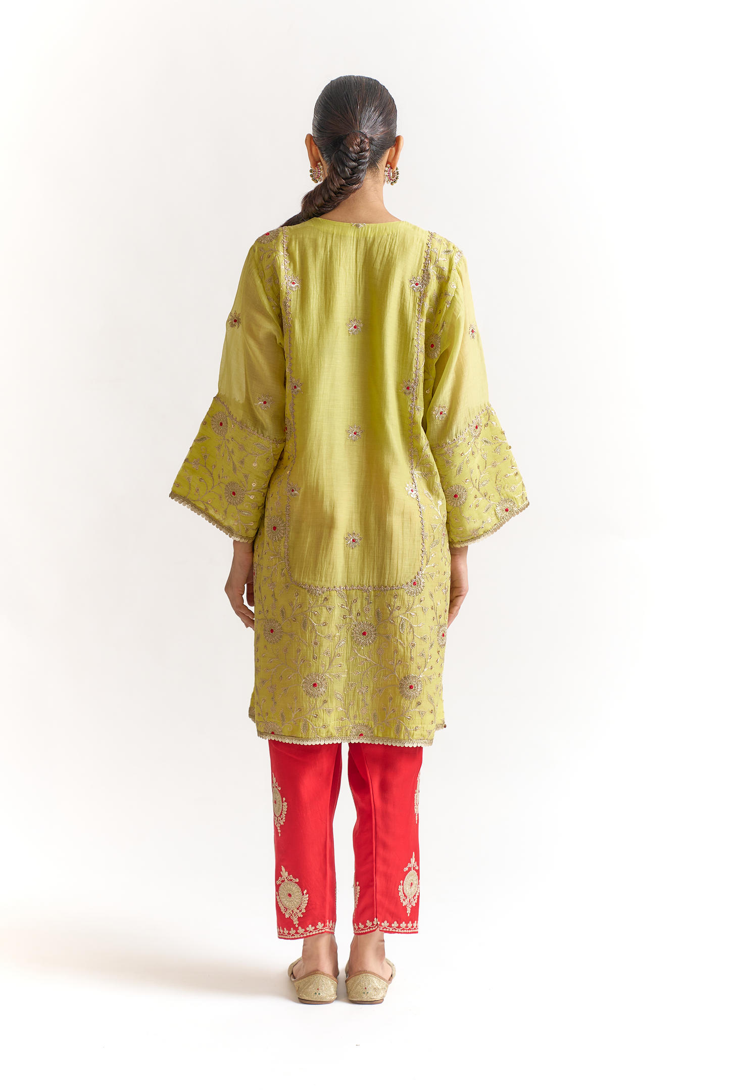 Lemon Green & Coral Mul Chanderi Kurta Set with Dori & Dabka Embroidery