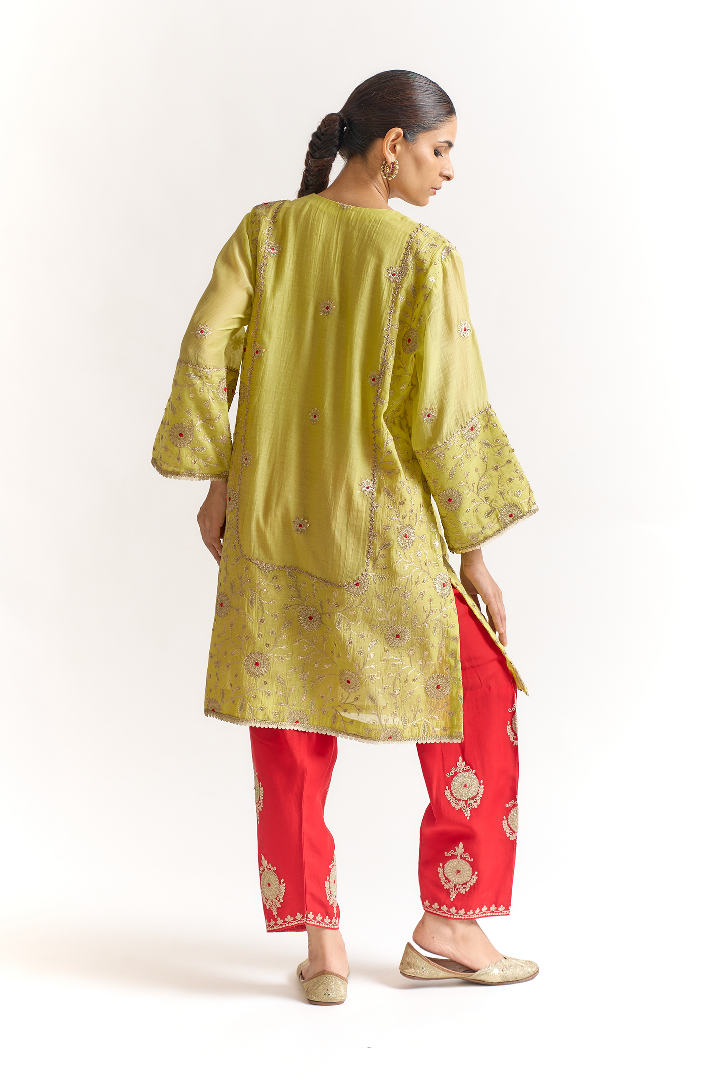 Lemon Green & Coral Mul Chanderi Kurta Set with Dori & Dabka Embroidery