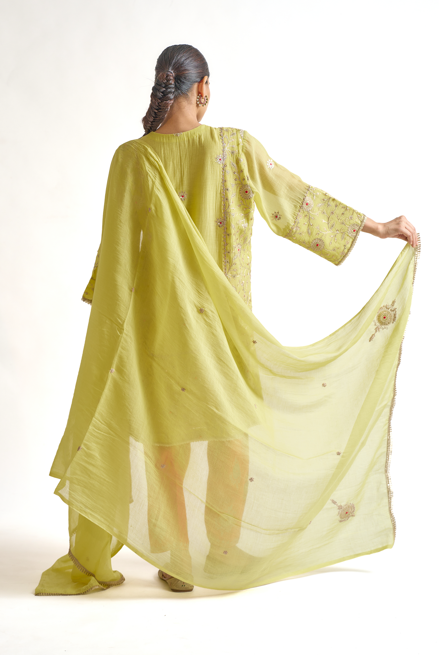 Lemon Green & Coral Mul Chanderi Kurta Set with Dori & Dabka Embroidery
