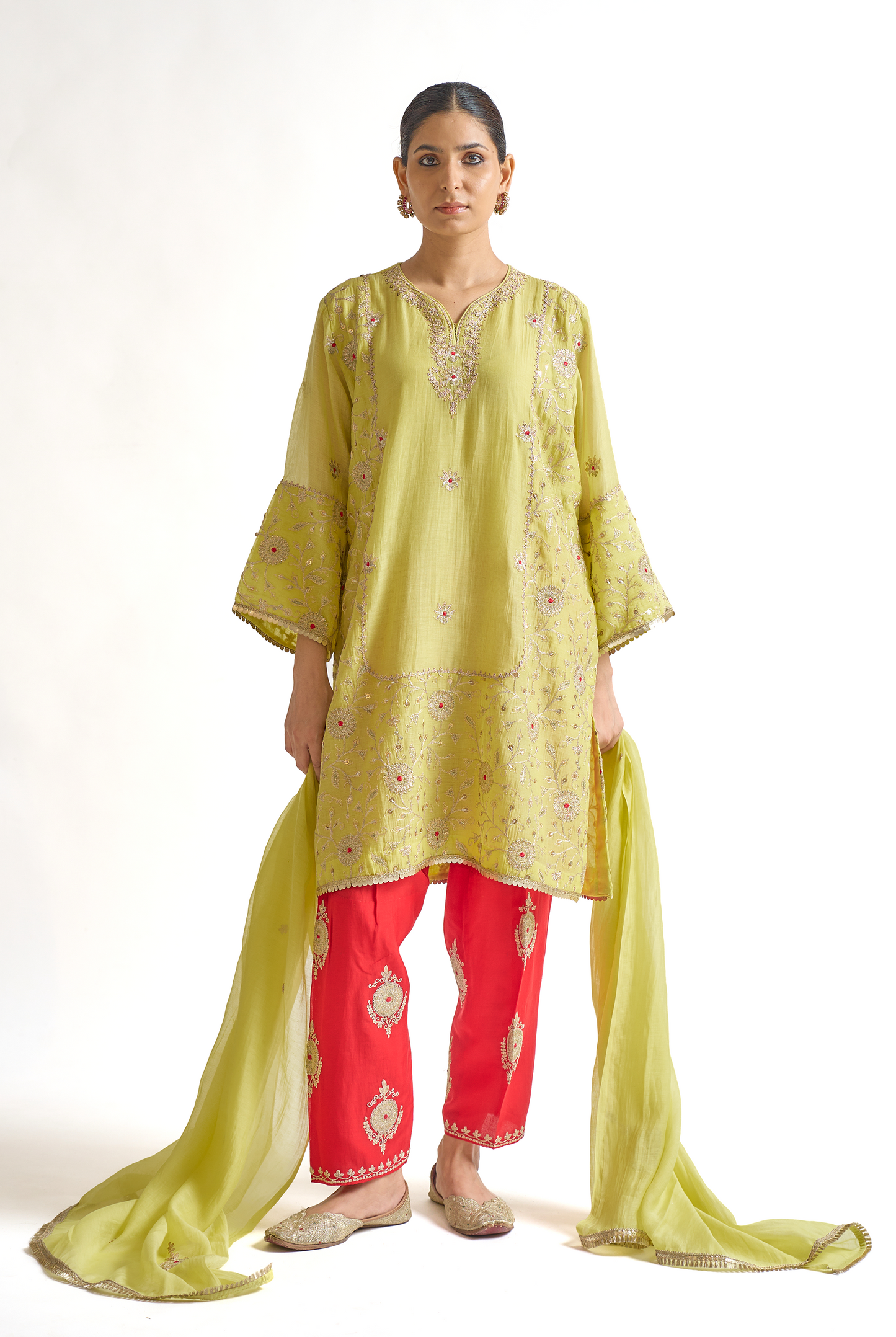 Lemon Green & Coral Mul Chanderi Kurta Set with Dori & Dabka Embroidery