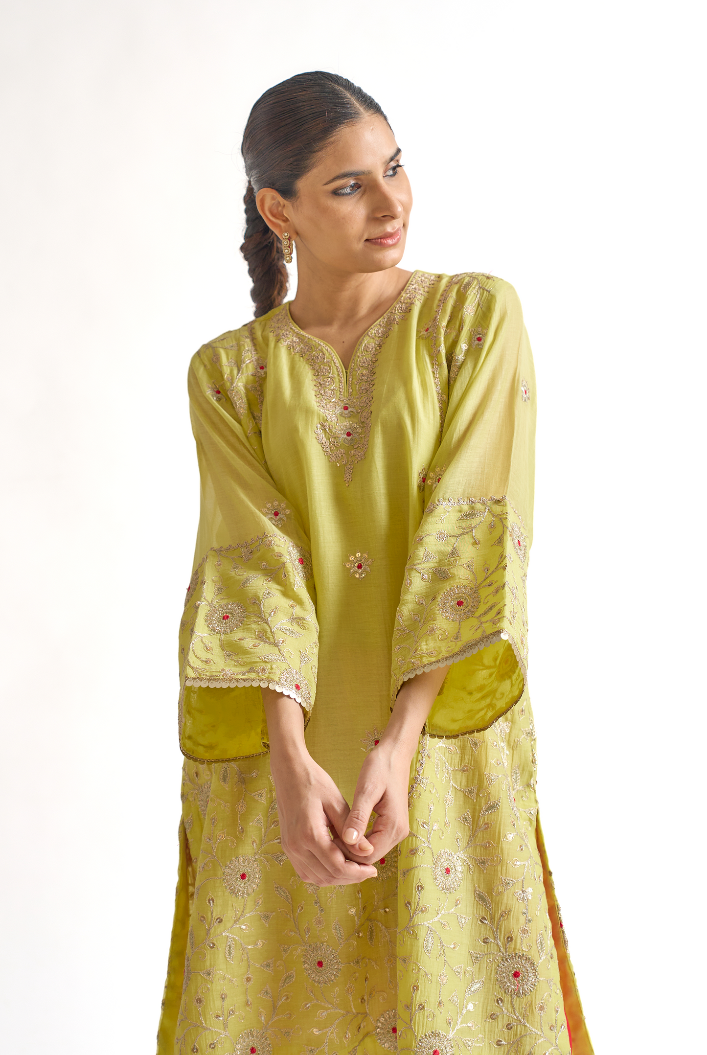 Lemon Green & Coral Mul Chanderi Kurta Set with Dori & Dabka Embroidery