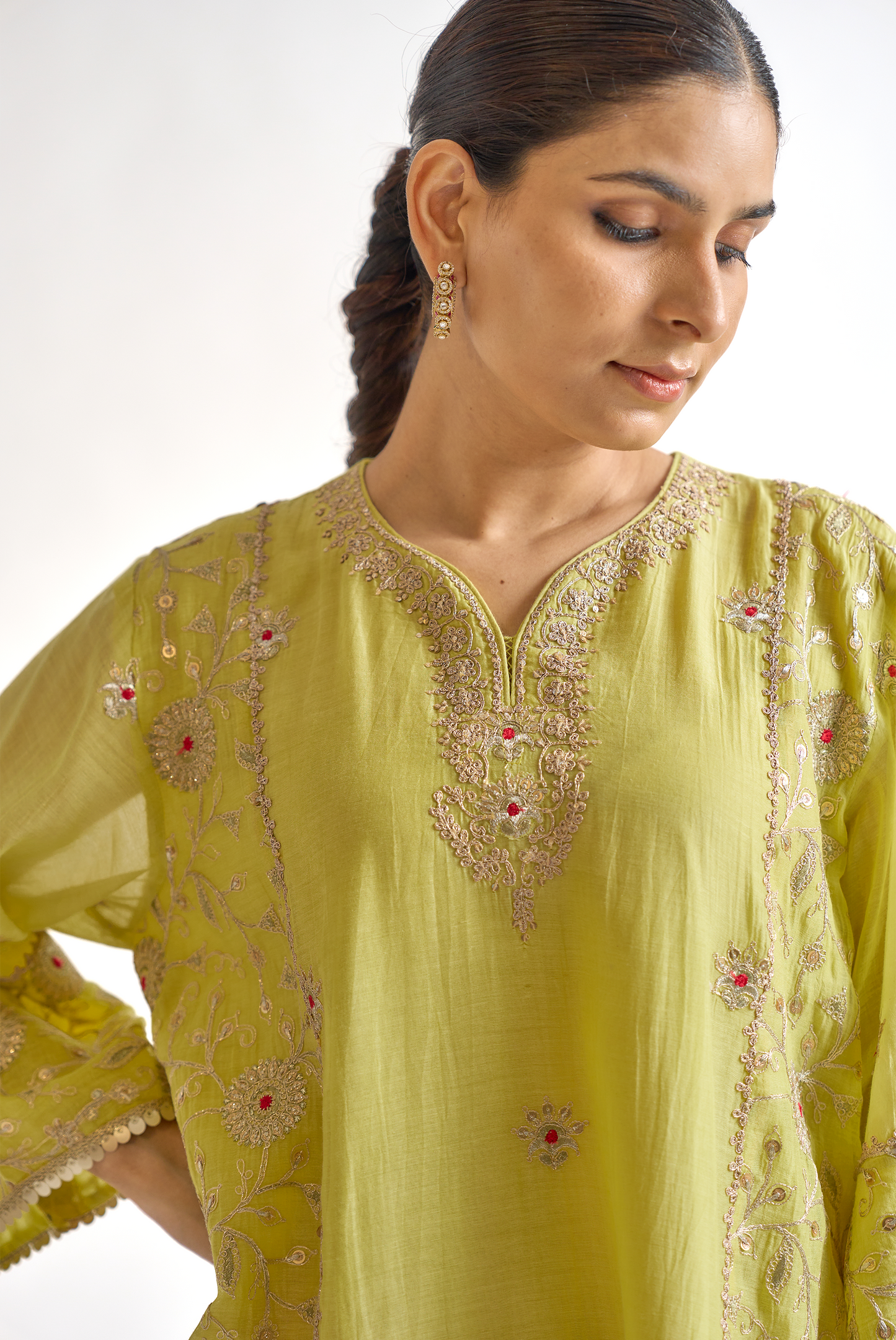 Lemon Green & Coral Mul Chanderi Kurta Set with Dori & Dabka Embroidery