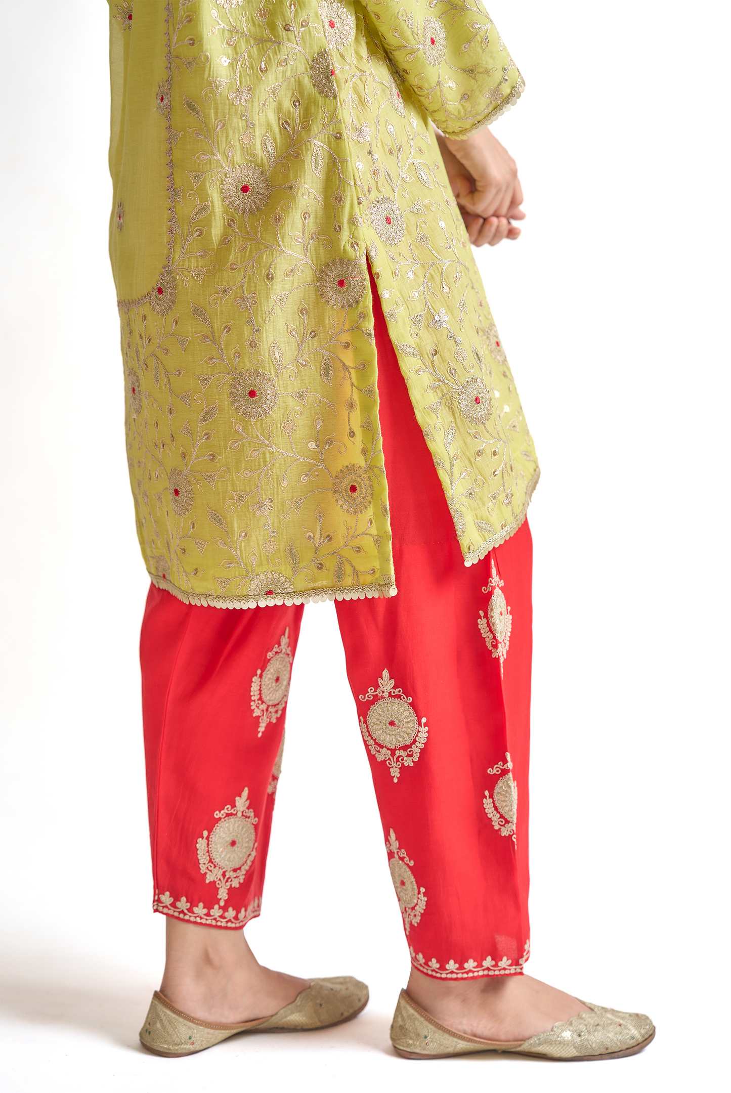 Lemon Green & Coral Mul Chanderi Kurta Set with Dori & Dabka Embroidery