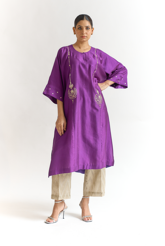 Violet Chinya Silk Antifit Kurta Set with Dabka & Dori Embroidery