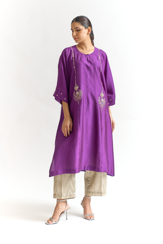 Violet Chinya Silk Antifit Kurta Set with Dabka & Dori Embroidery
