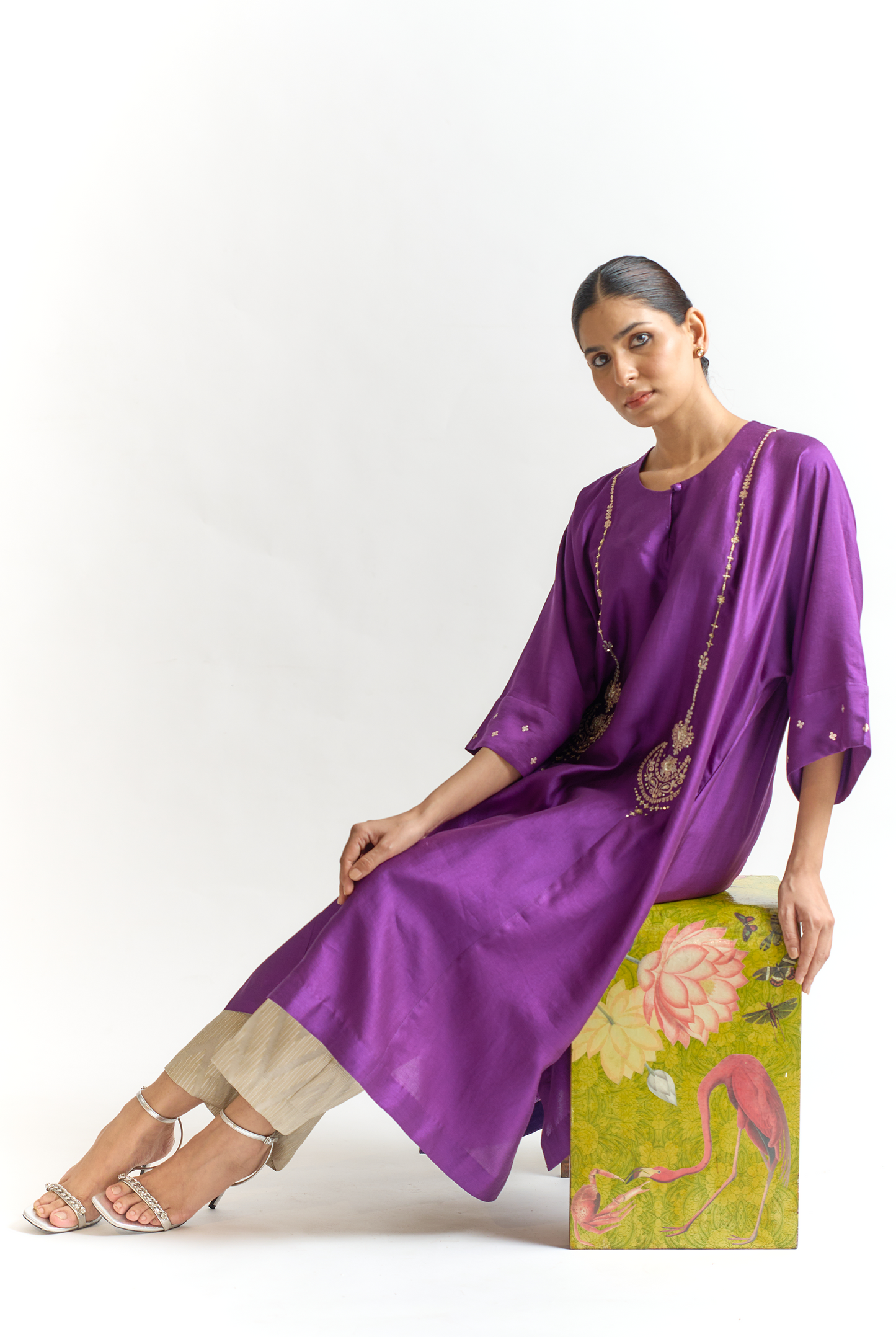 Violet Chinya Silk Antifit Kurta Set with Dabka & Dori Embroidery