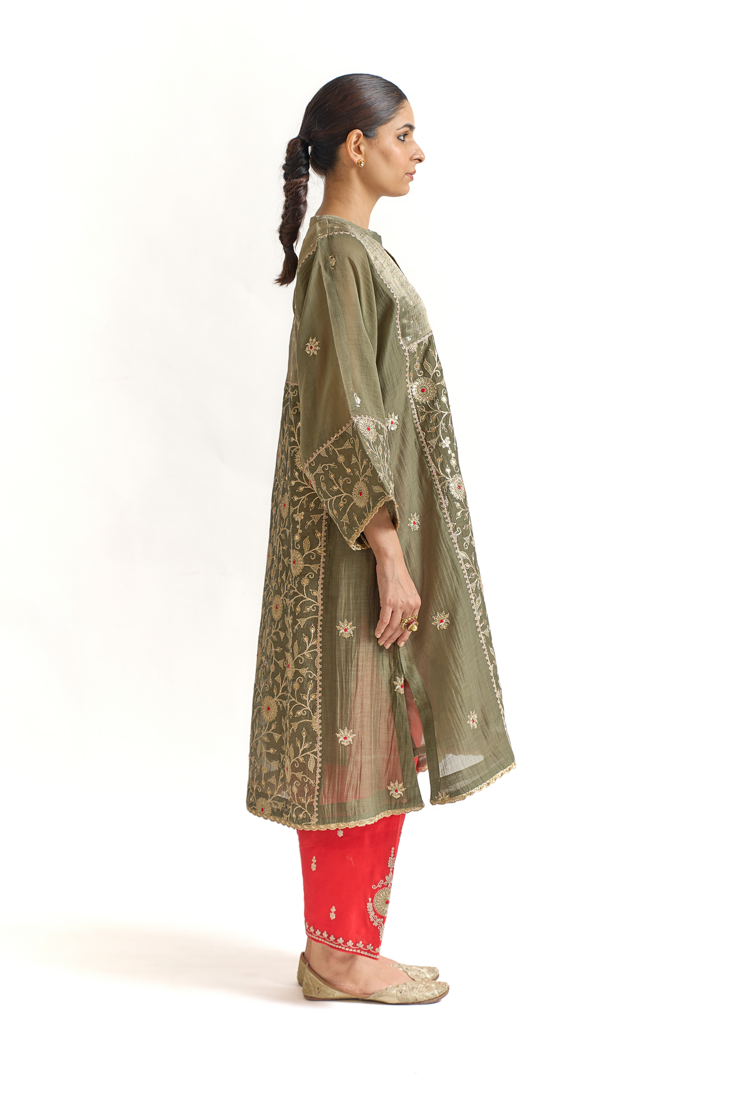 Olive Green & Coral Mul Chanderi Kurta Set with Dori & Thread Embroidery