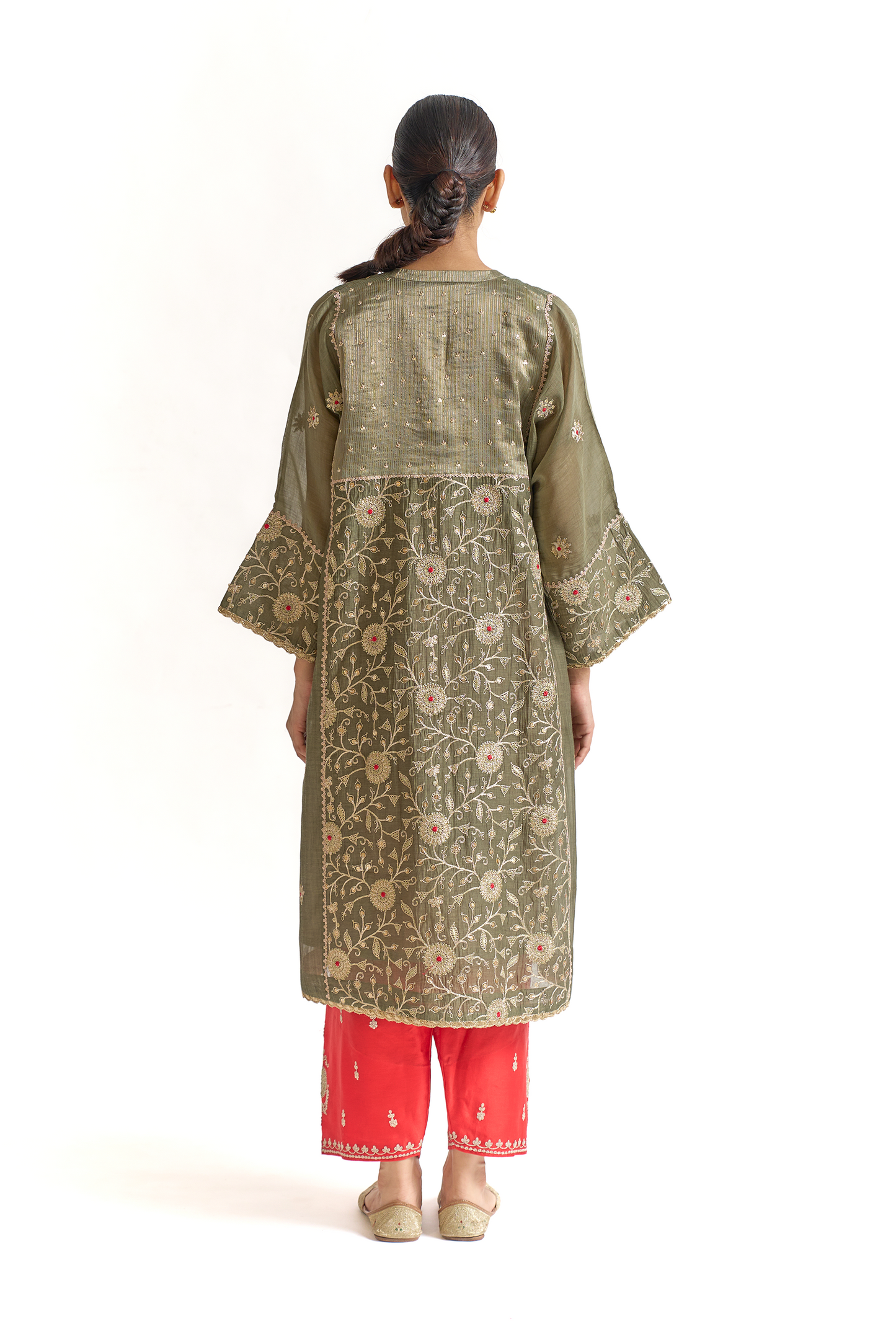Olive Green & Coral Mul Chanderi Kurta Set with Dori & Thread Embroidery