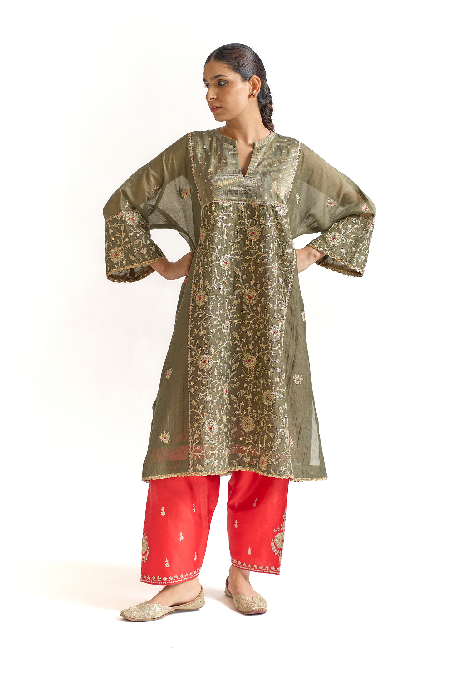 Olive Green & Coral Mul Chanderi Kurta Set with Dori & Thread Embroidery
