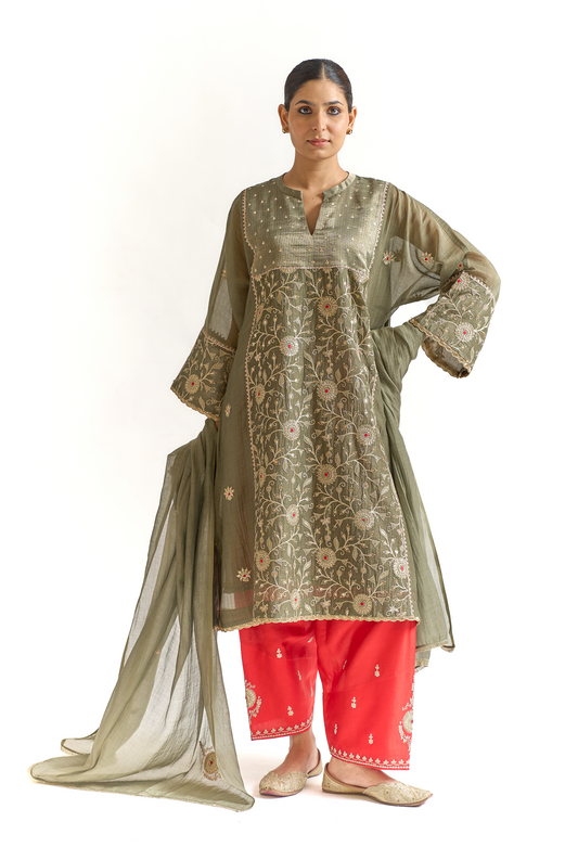 Olive Green & Coral Mul Chanderi Kurta Set with Dori & Thread Embroidery