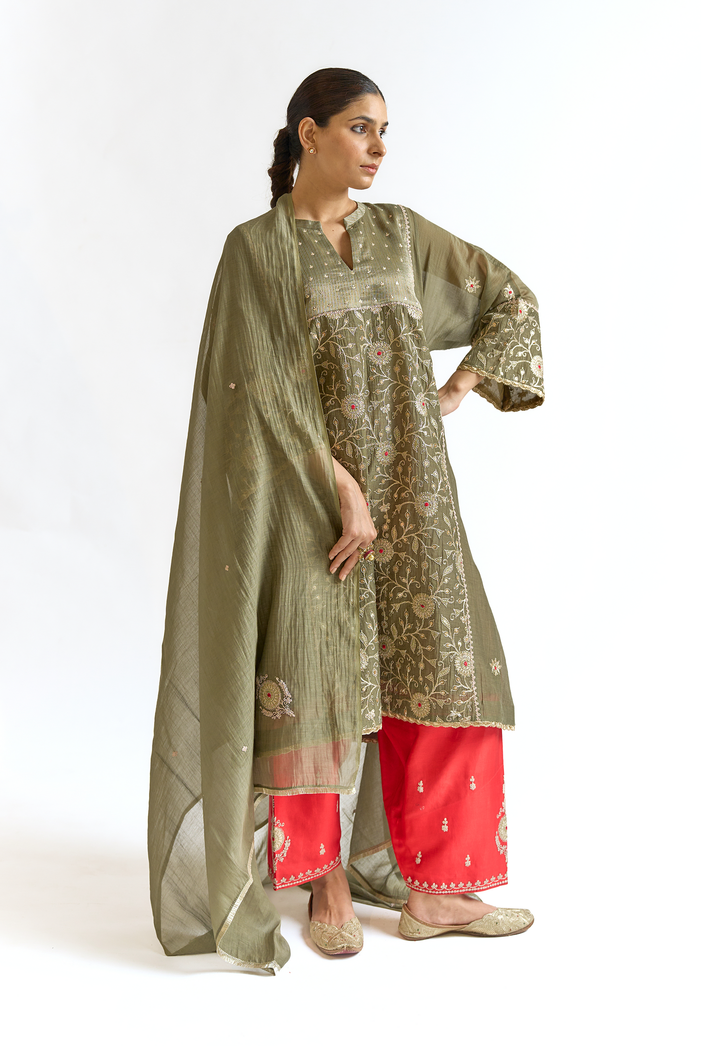 Olive Green & Coral Mul Chanderi Kurta Set with Dori & Thread Embroidery