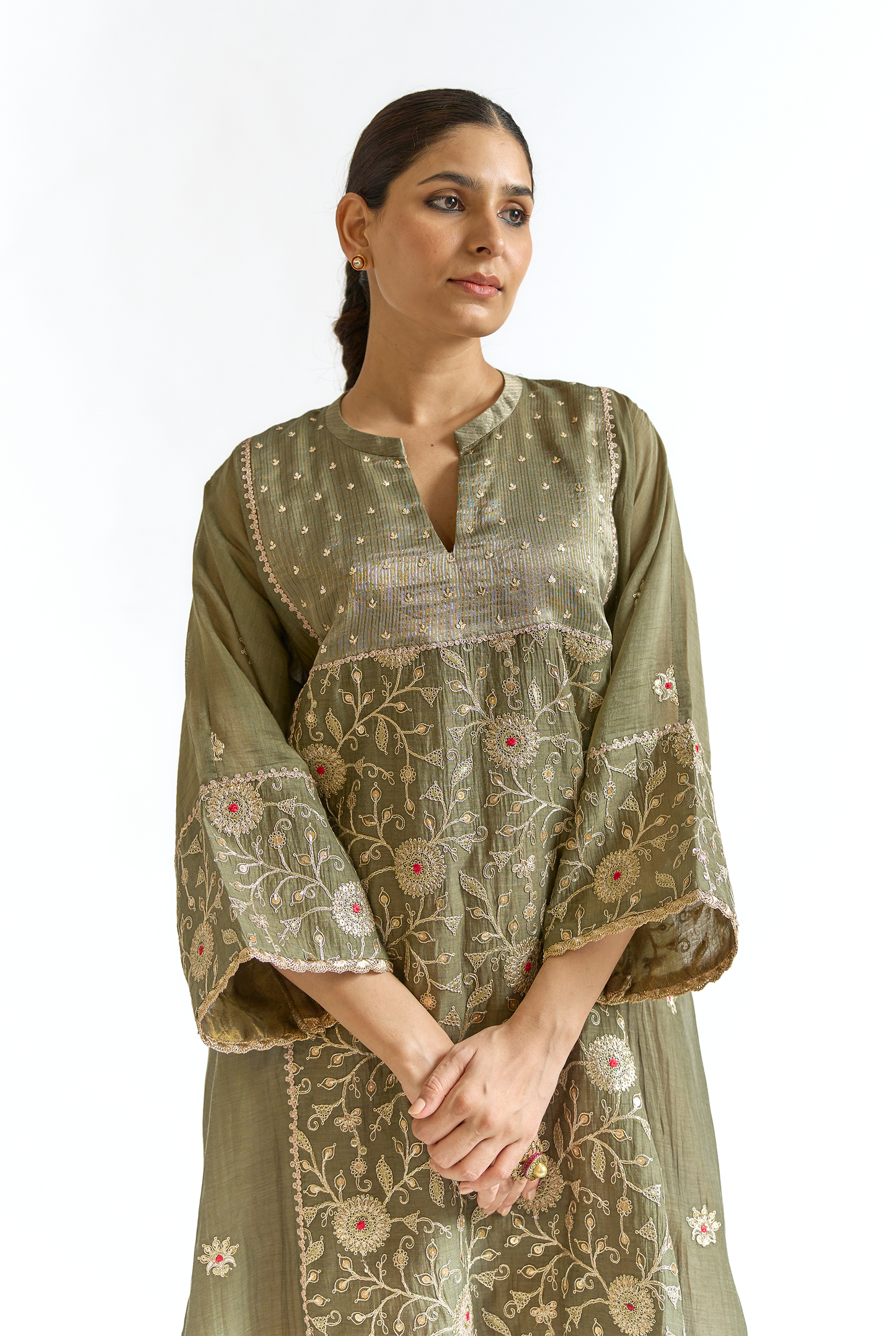 Olive Green & Coral Mul Chanderi Kurta Set with Dori & Thread Embroidery