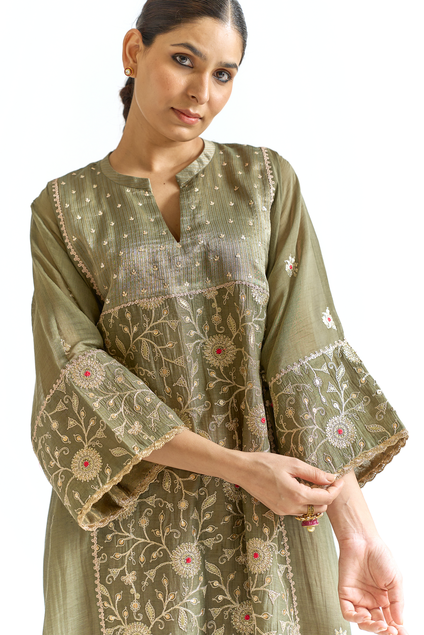 Olive Green & Coral Mul Chanderi Kurta Set with Dori & Thread Embroidery