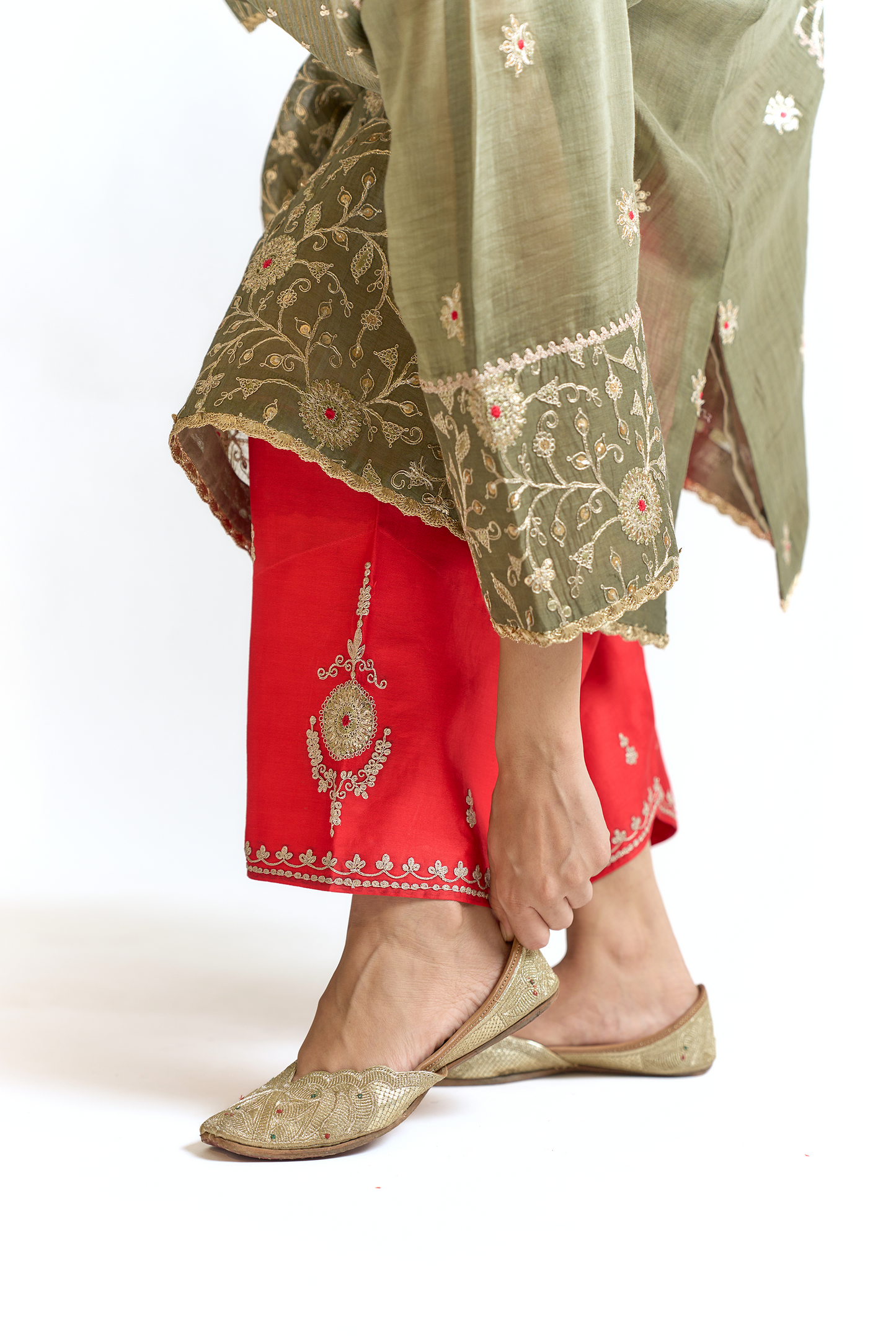 Olive Green & Coral Mul Chanderi Kurta Set with Dori & Thread Embroidery