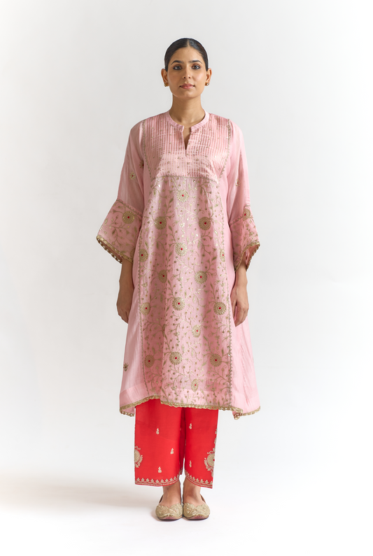 Blush & Coral Mul Chanderi Antifit Kurta Set with Dori & Thread Embroidery