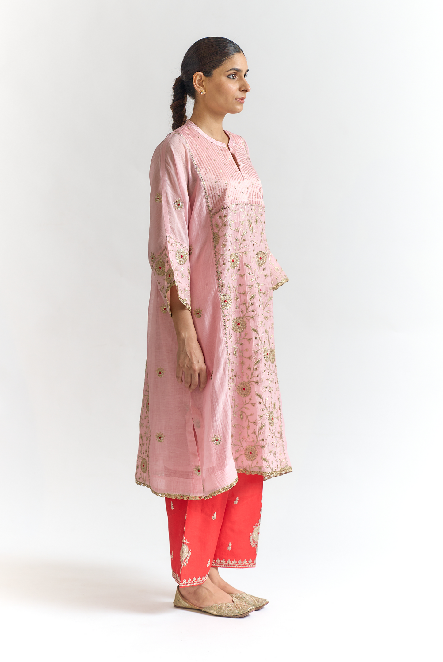 Blush & Coral Mul Chanderi Antifit Kurta Set with Dori & Thread Embroidery