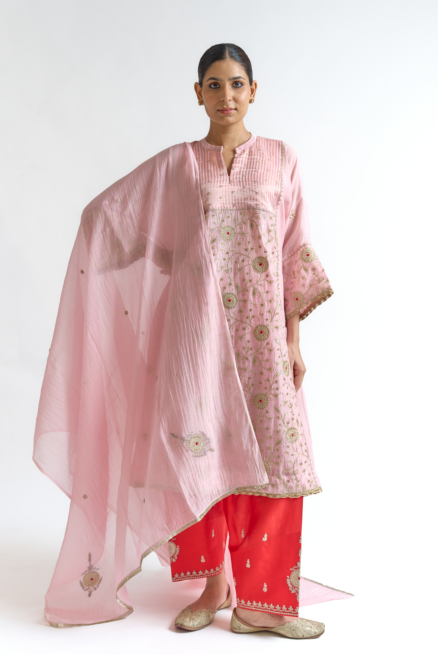 Blush & Coral Mul Chanderi Antifit Kurta Set with Dori & Thread Embroidery