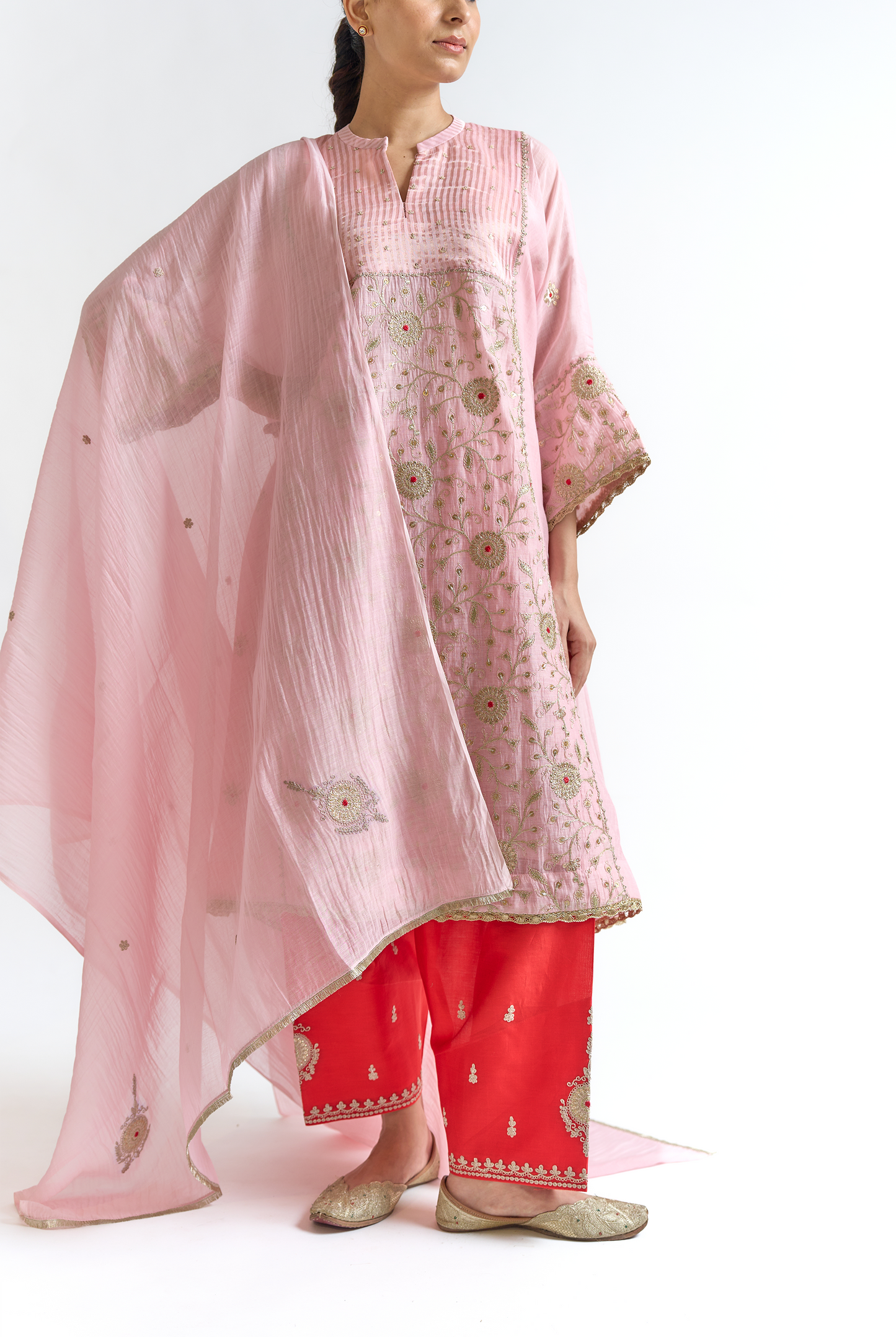 Blush & Coral Mul Chanderi Antifit Kurta Set with Dori & Thread Embroidery