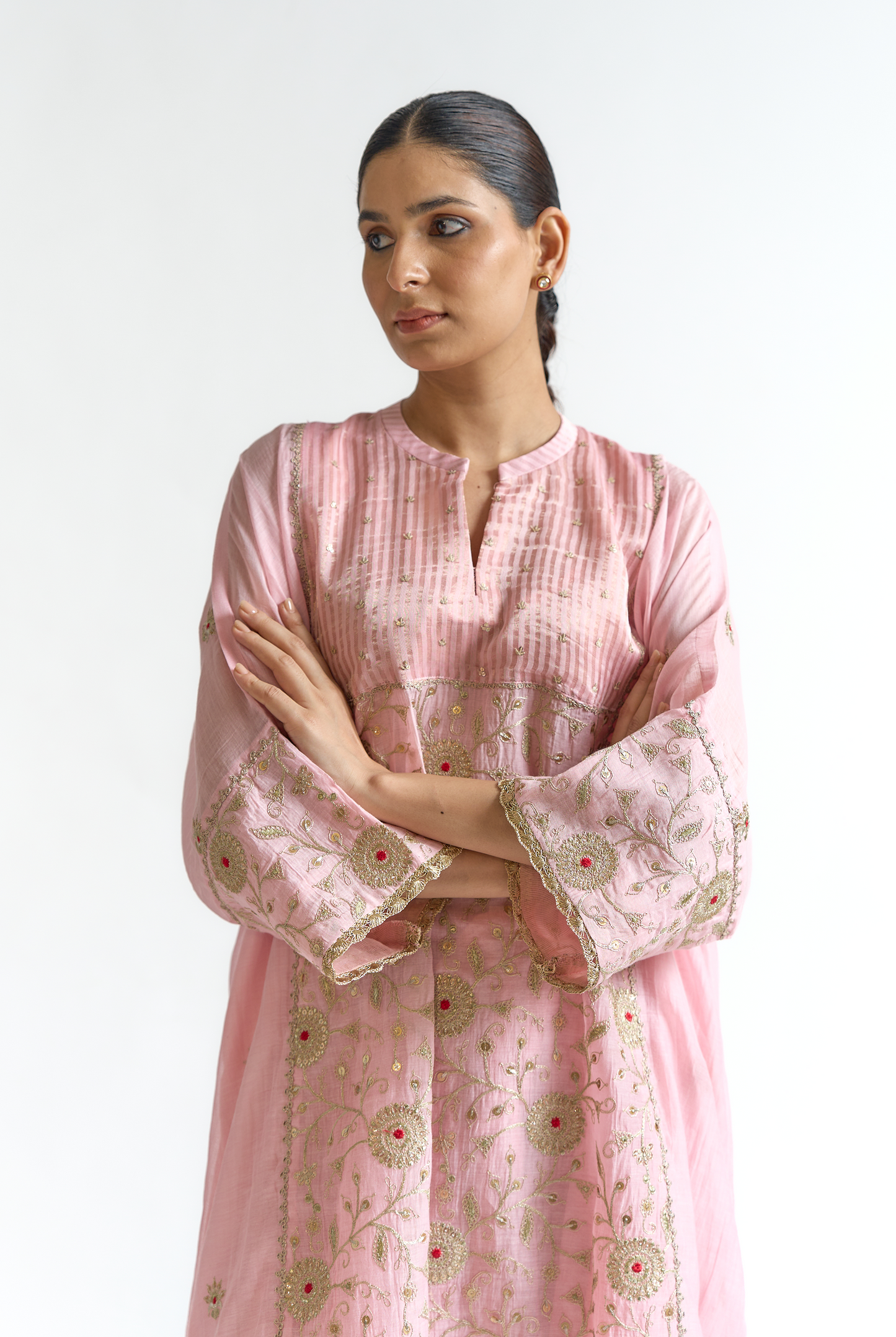 Blush & Coral Mul Chanderi Antifit Kurta Set with Dori & Thread Embroidery