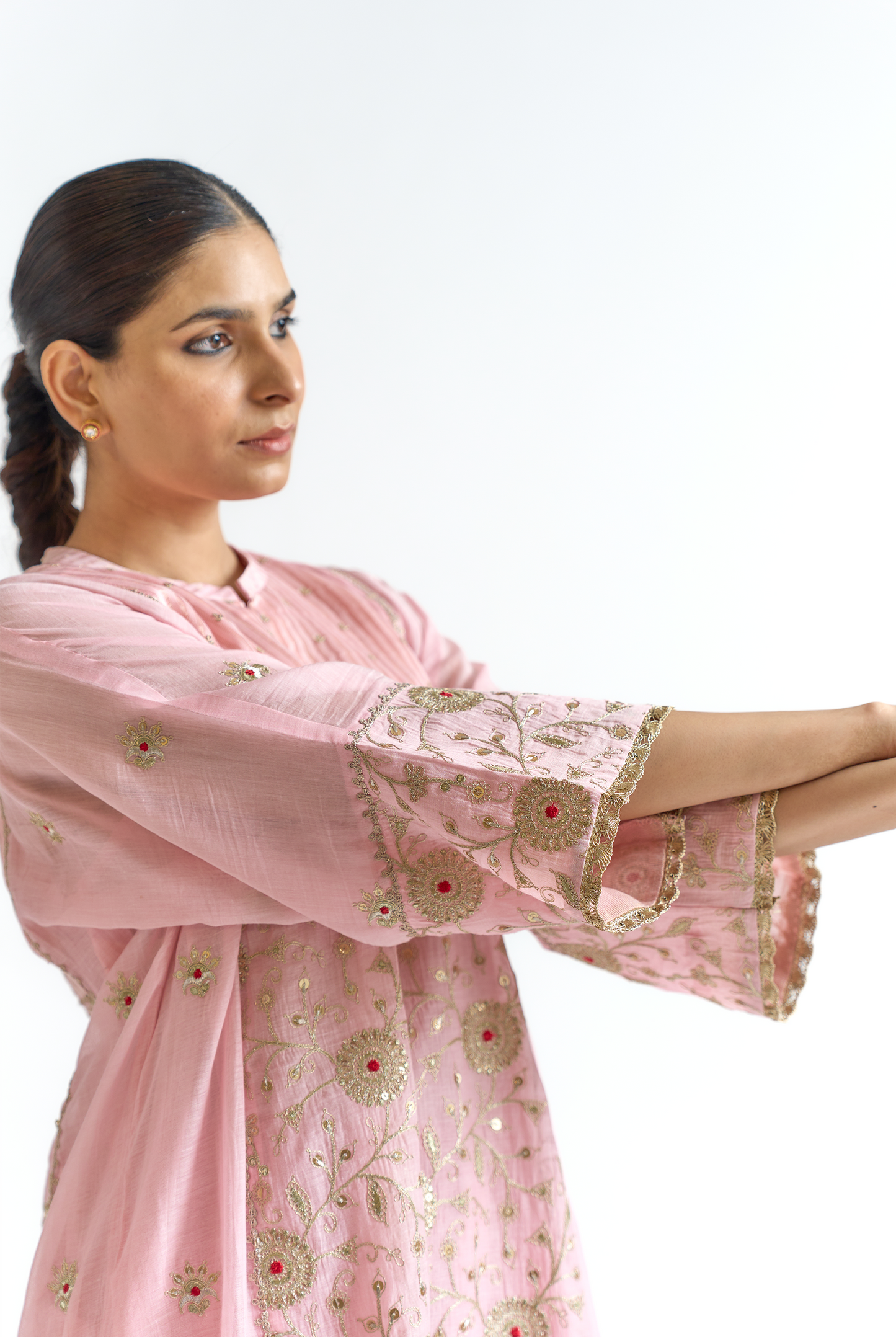 Blush & Coral Mul Chanderi Antifit Kurta Set with Dori & Thread Embroidery