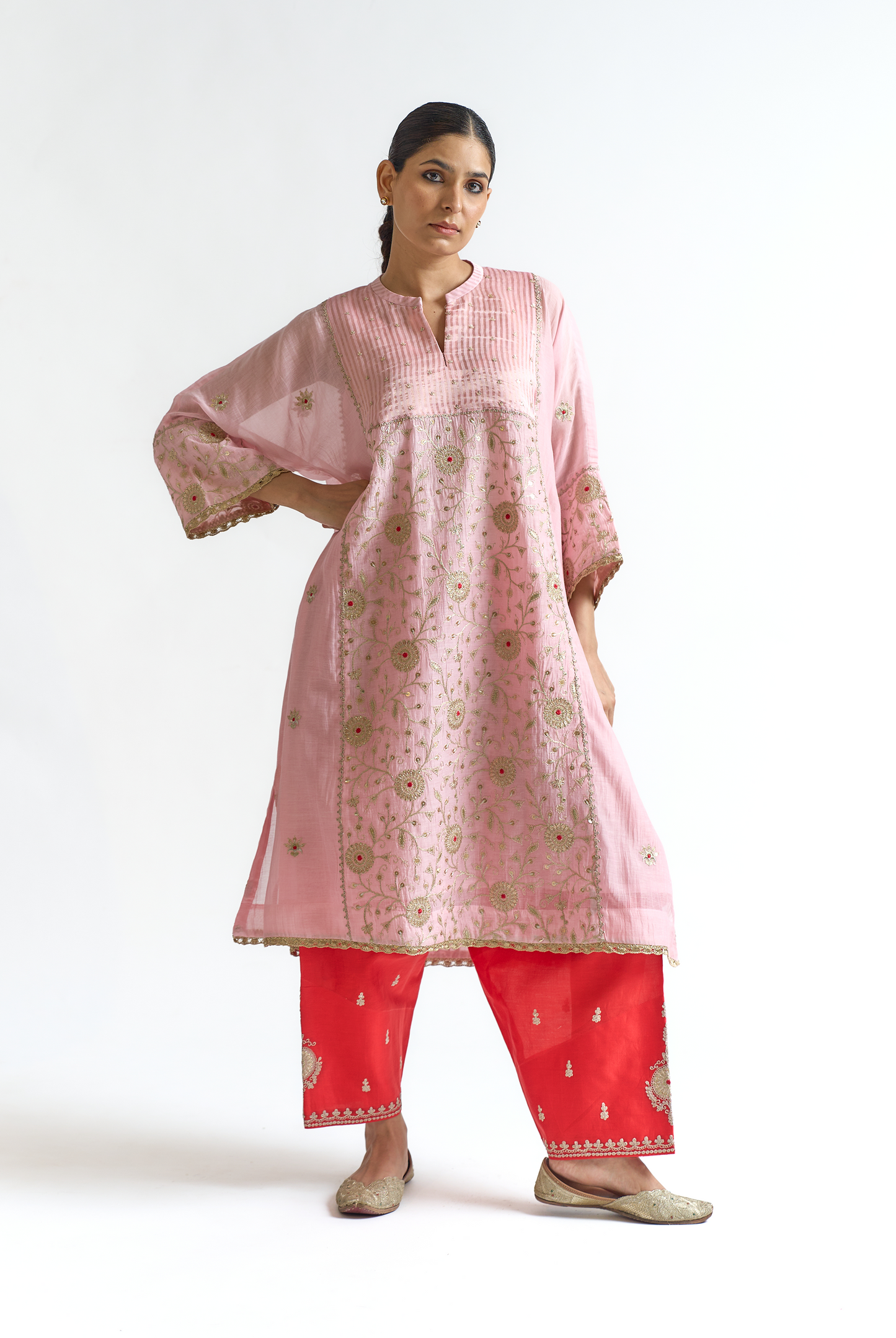 Blush & Coral Mul Chanderi Antifit Kurta Set with Dori & Thread Embroidery