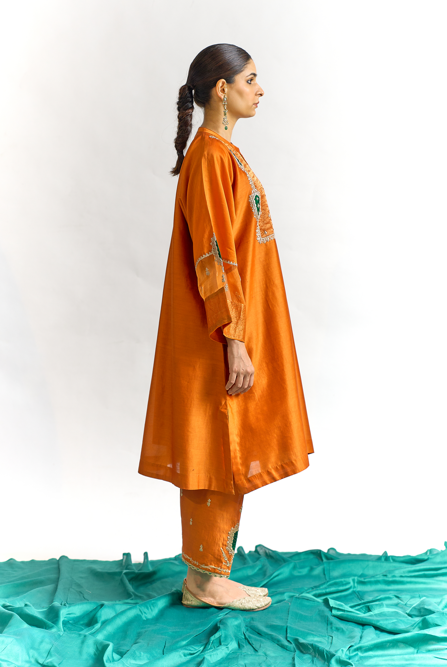 Burnt Orange Silk Chanderi Antifit Kurta Set with Tissue Appliqué & Dori Embroidery