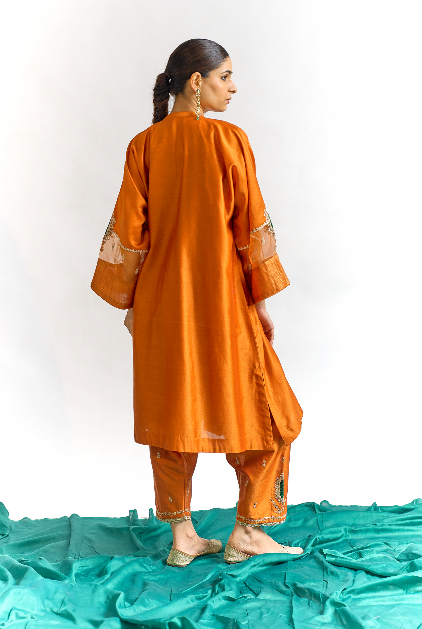 Burnt Orange Silk Chanderi Antifit Kurta Set with Tissue Appliqué & Dori Embroidery
