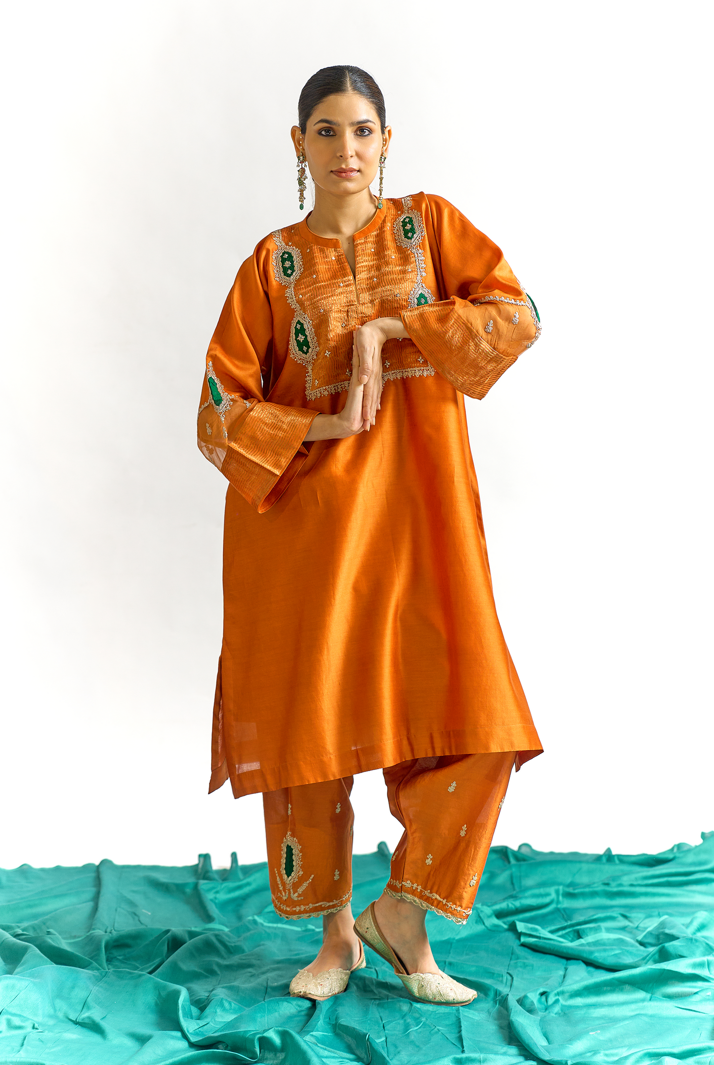 Burnt Orange Silk Chanderi Antifit Kurta Set with Tissue Appliqué & Dori Embroidery