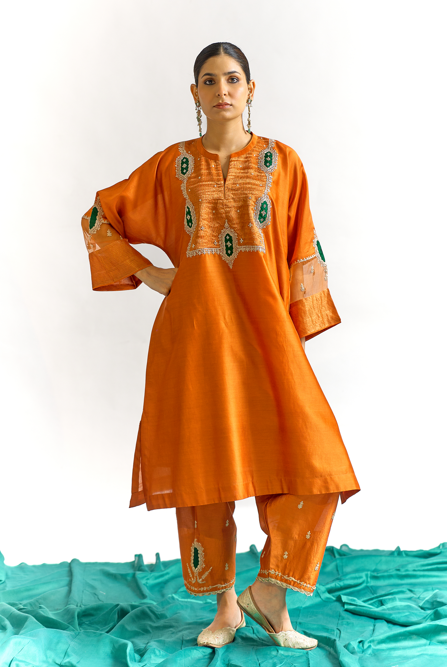 Burnt Orange Silk Chanderi Antifit Kurta Set with Tissue Appliqué & Dori Embroidery