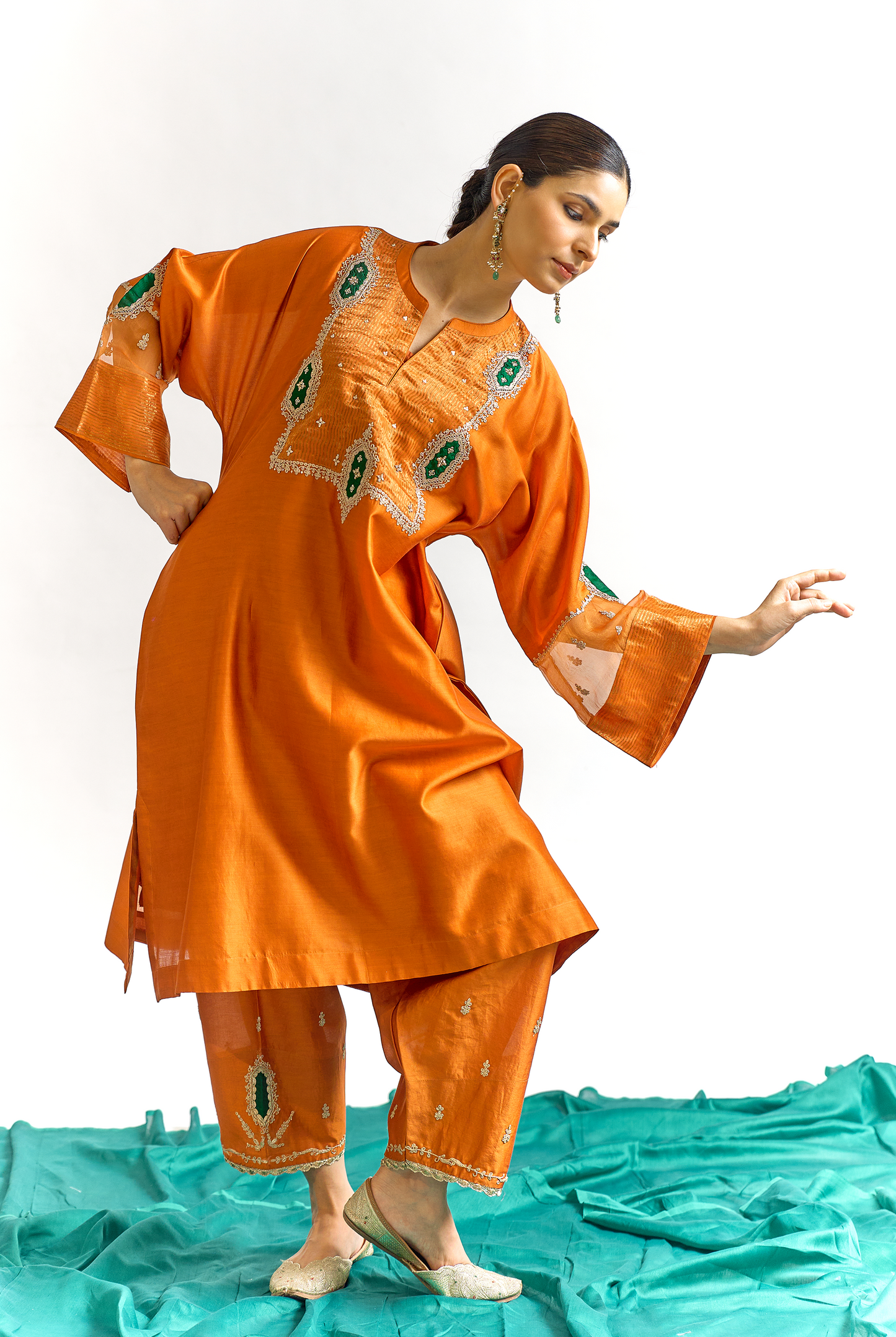 Burnt Orange Silk Chanderi Antifit Kurta Set with Tissue Appliqué & Dori Embroidery