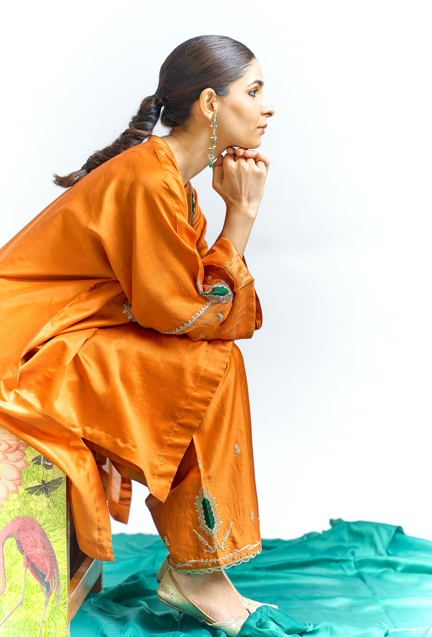 Burnt Orange Silk Chanderi Antifit Kurta Set with Tissue Appliqué & Dori Embroidery