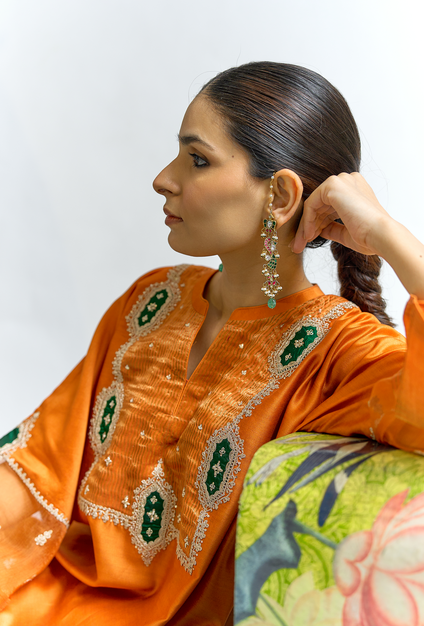 Burnt Orange Silk Chanderi Antifit Kurta Set with Tissue Appliqué & Dori Embroidery