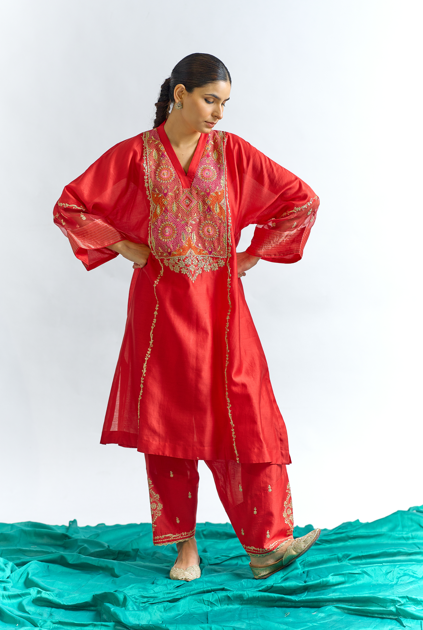 Red Silk Chanderi Antifit Kurta Set with Banarasi Yoke & Dori Embroidery