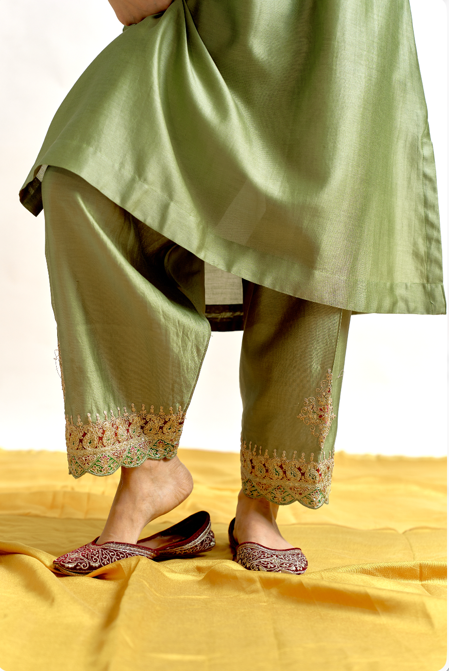 Sage Green Silk Chanderi Antifit Kurta Set with Dori & Sitara Embroidery