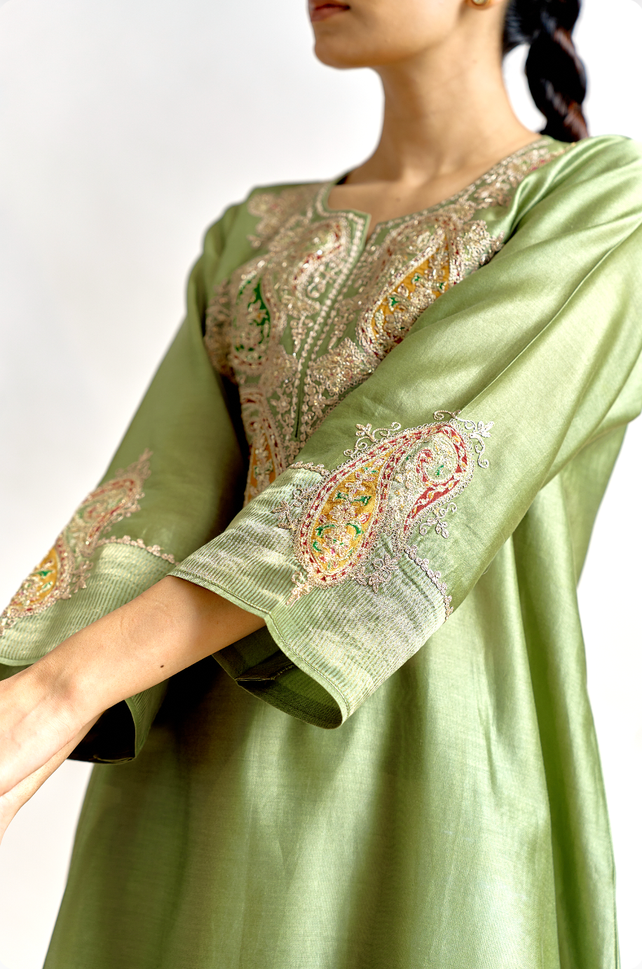 Sage Green Silk Chanderi Antifit Kurta Set with Dori & Sitara Embroidery