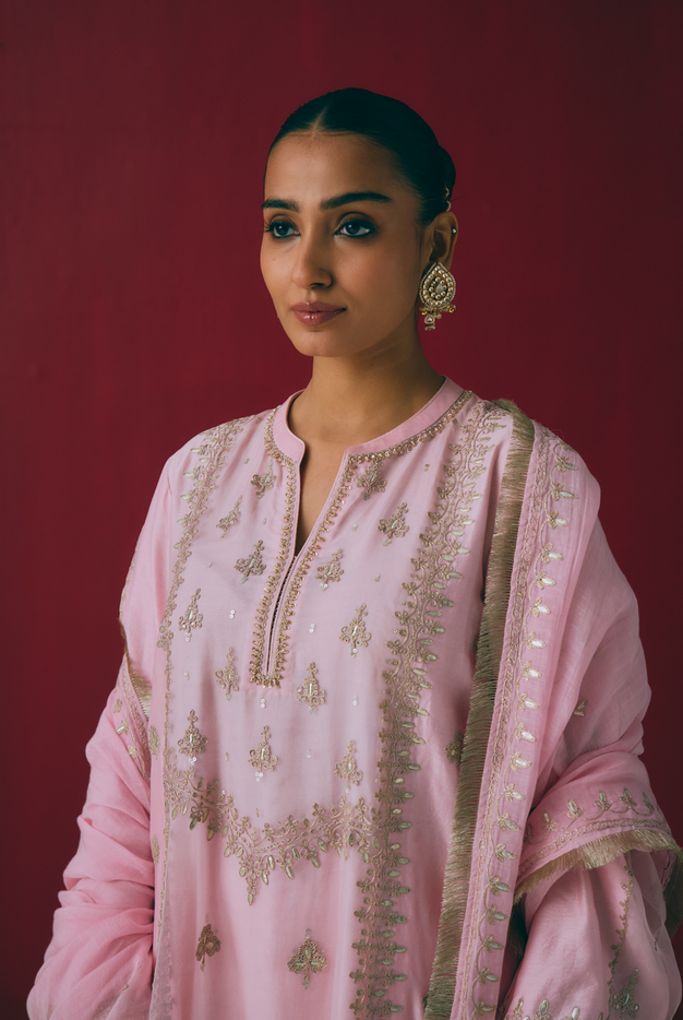 Blush Chanderi Kurta Set with Gota & Dori Embroidery
