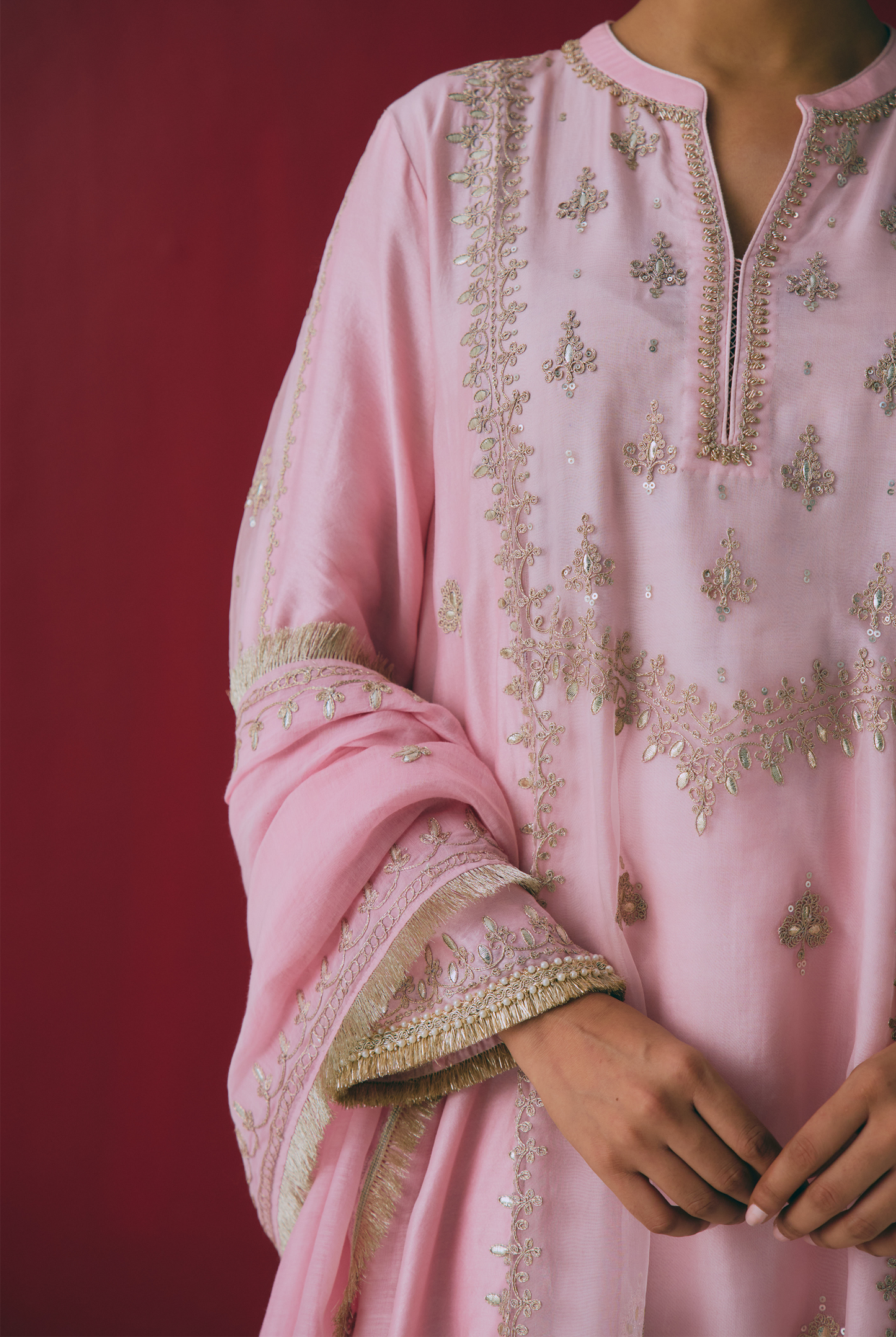 Blush Chanderi Kurta Set with Gota & Dori Embroidery