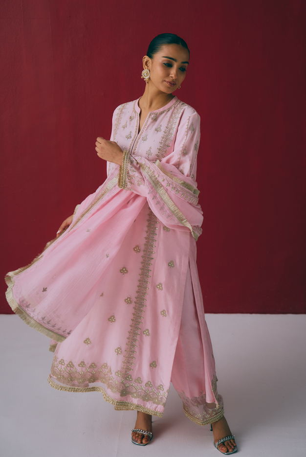 Blush Chanderi Kurta Set with Gota & Dori Embroidery