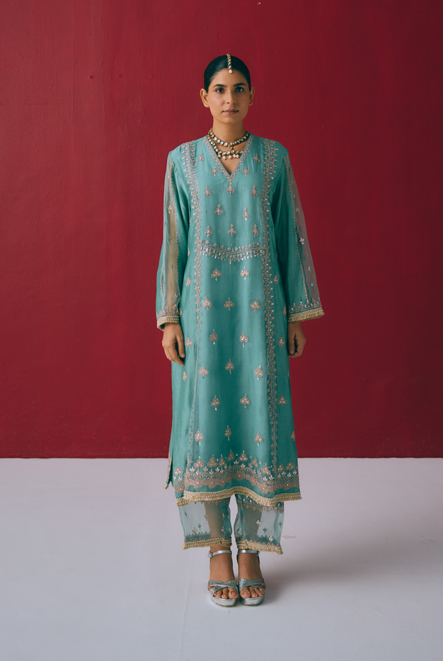 Teal Chanderi Kurta Set with Gota & Dori Embroidery