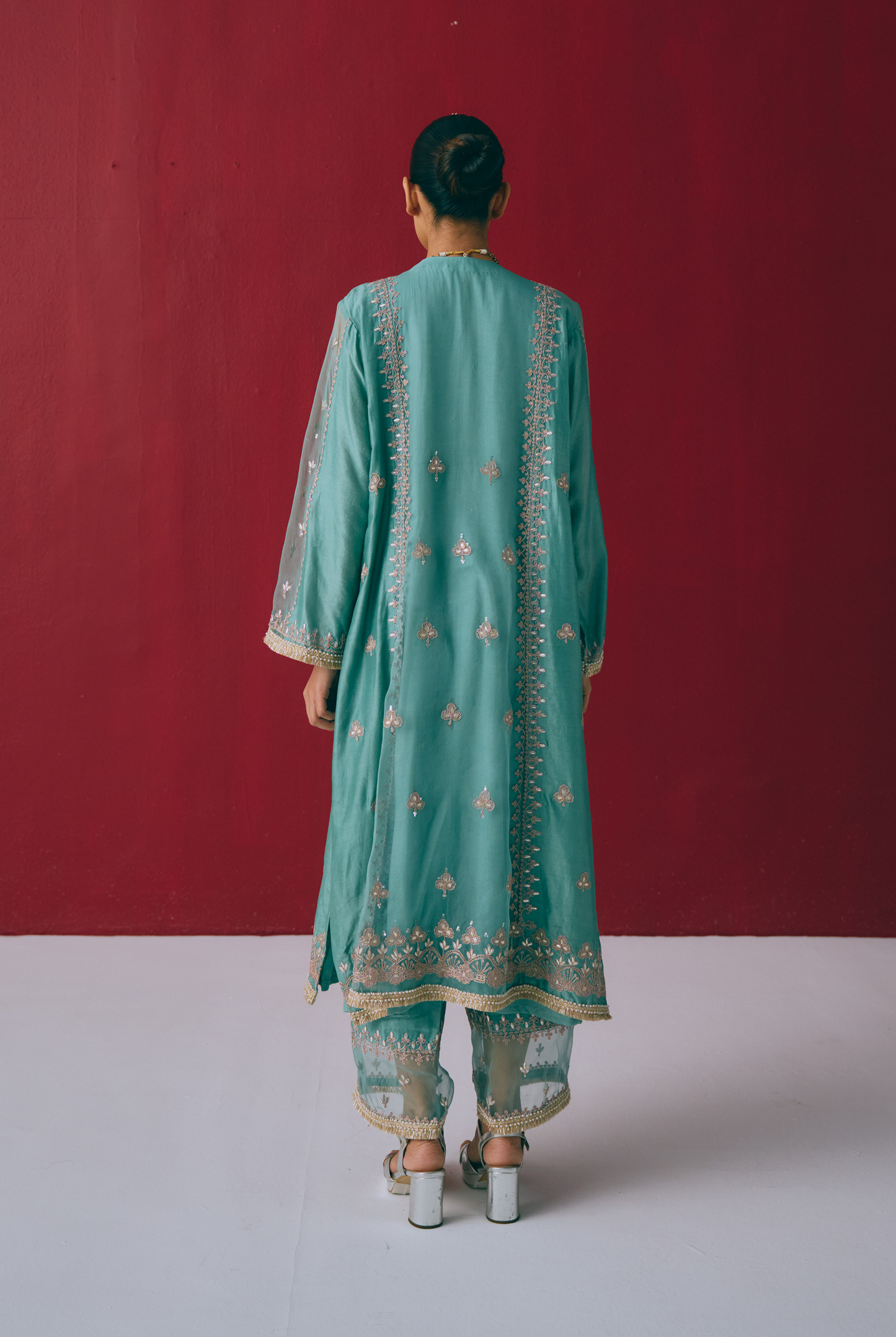 Teal Chanderi Kurta Set with Gota & Dori Embroidery