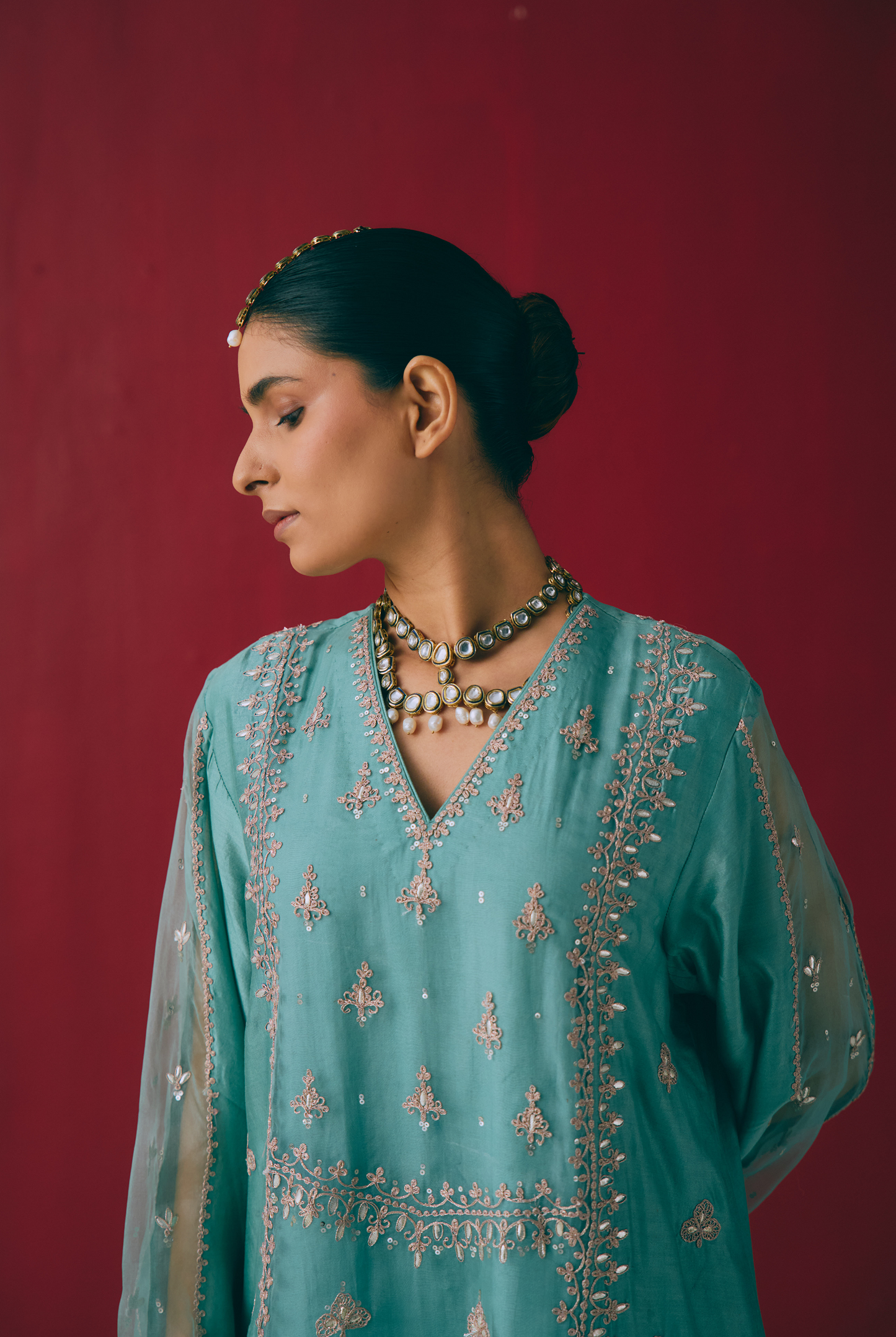 Teal Chanderi Kurta Set with Gota & Dori Embroidery