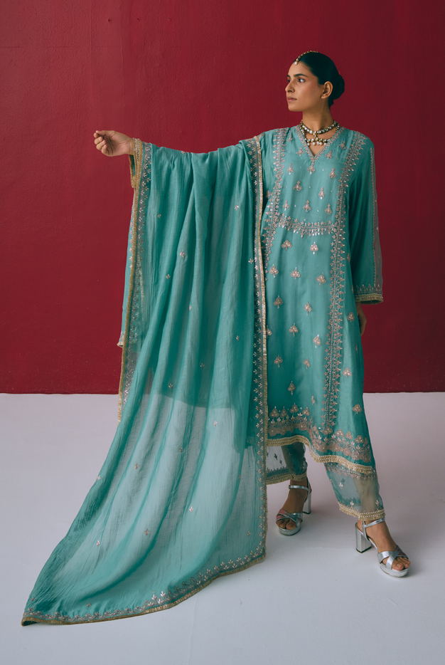 Teal Chanderi Kurta Set with Gota & Dori Embroidery