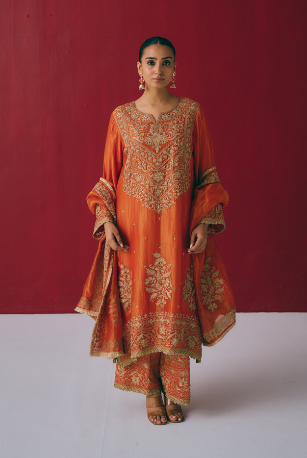 Burnt Orange Tissue Chanderi Kurta Set with Dori & Dabka Embroidery